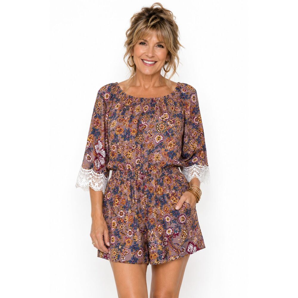 New GIGIO M 8 10 Pull-on Rayon Gauze Floral Lavender Crochet Sleeve Romper